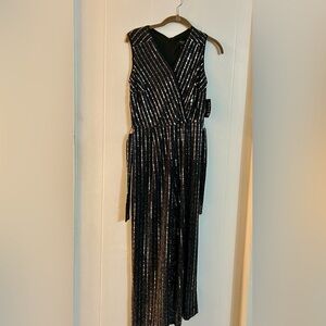Alexa B Nights-Black & Silver Sequin and Beaded Sleeveless Pant Suit